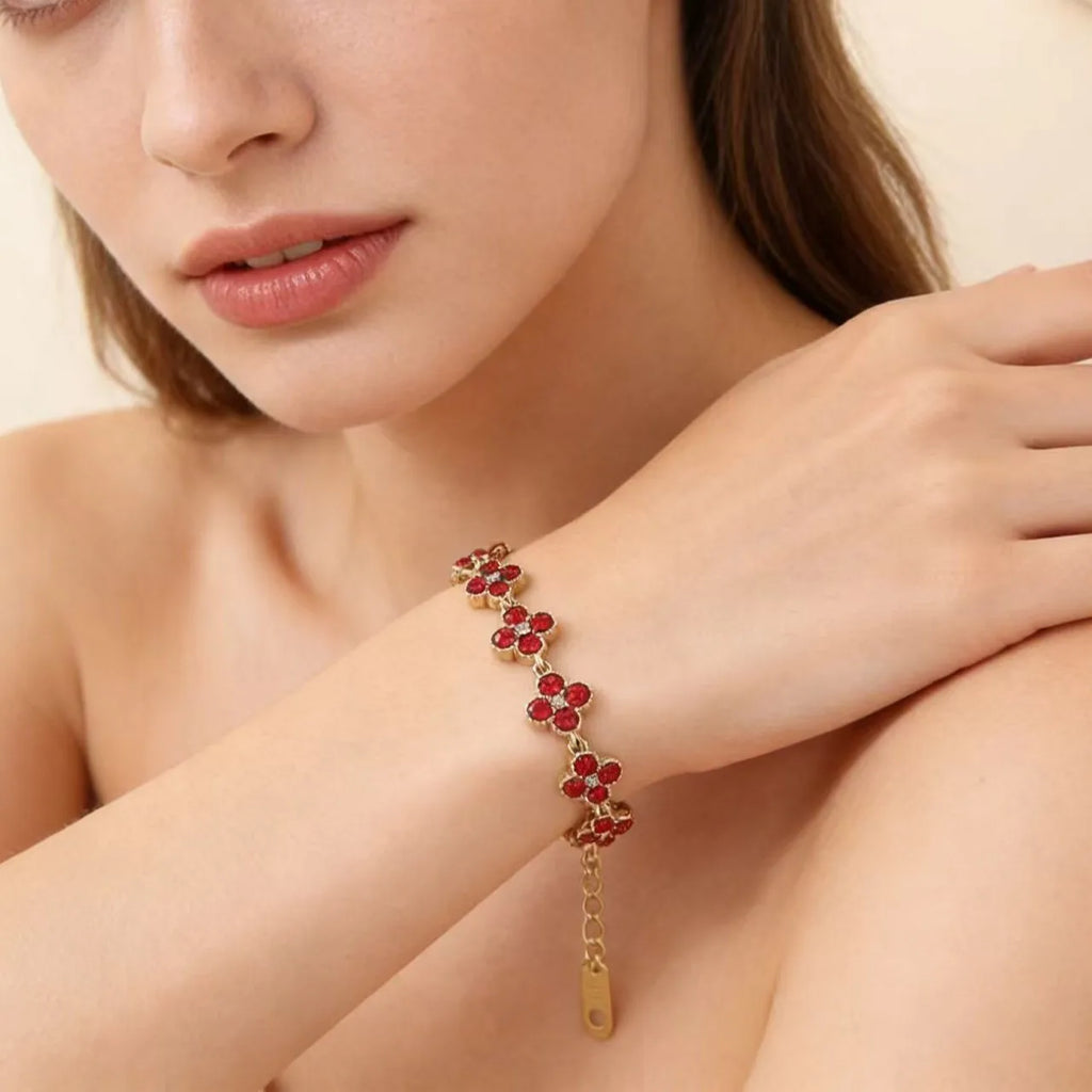 Stainless Steel Colorful Cubic Zirconia Flower Cover Bracelet Adjustable Four-Leaf Clover CZ Stone Flowers Jewelry for Women
