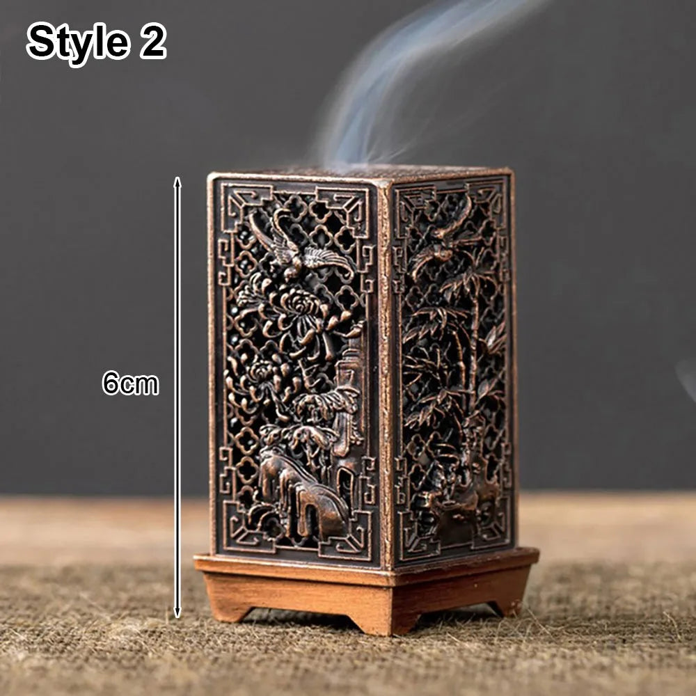 1Pcs Alloy Incense Stick Burner Sandalwood with Hollowed Out Pattern Lotus Incense Censer Square Vertical Retro Incense Box