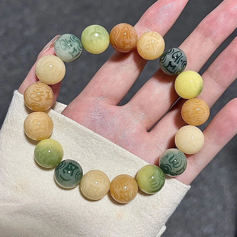 12mm Natural Bodhi Root Beaded Men Six Words Mantra Buddhist Buddha Meditation Bead Bracelet Women Prayer Rosary Bracelet Decor