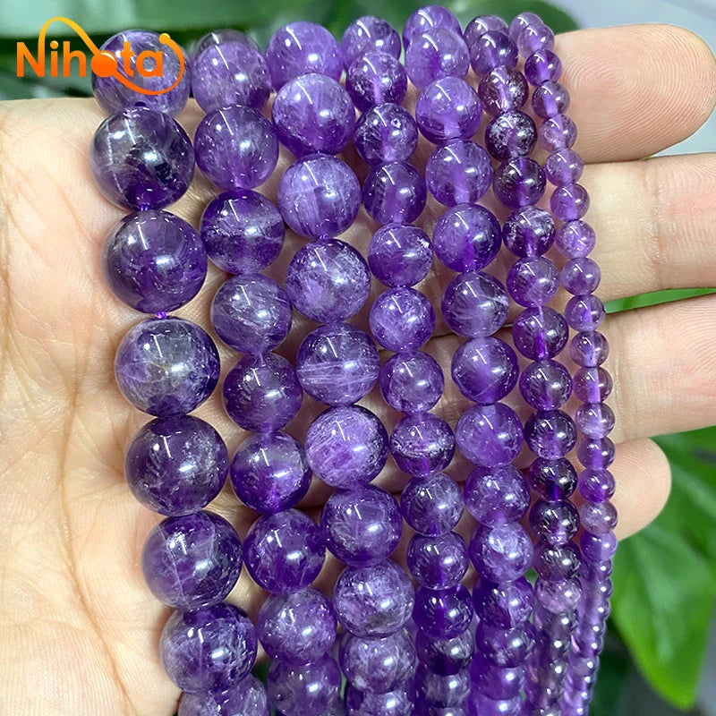 Natural Stone Smooth Purple Amethysts Round Beads Diy Bracelet Accessories for Handmade Jewelry Making 15" Strand 4/6/8/10/12MM