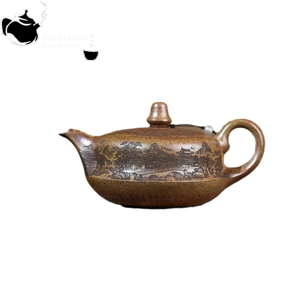 Yixing Yixing purple clay teapot, high-temperature wood fired agarwood mud landscape music teapot Chinese teapot Kung Fu tea set