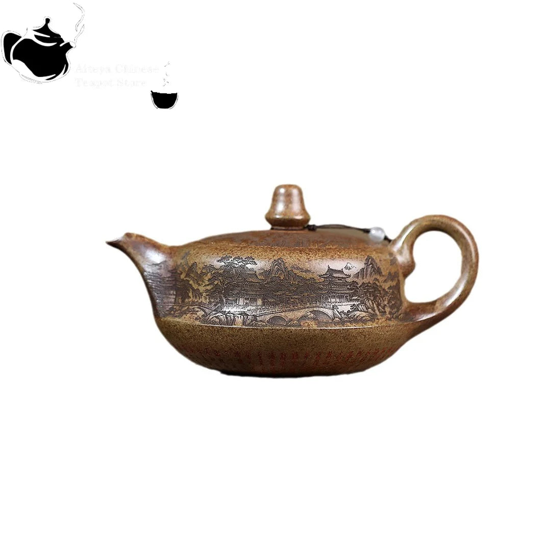 Yixing Yixing purple clay teapot, high-temperature wood fired agarwood mud landscape music teapot Chinese teapot Kung Fu tea set