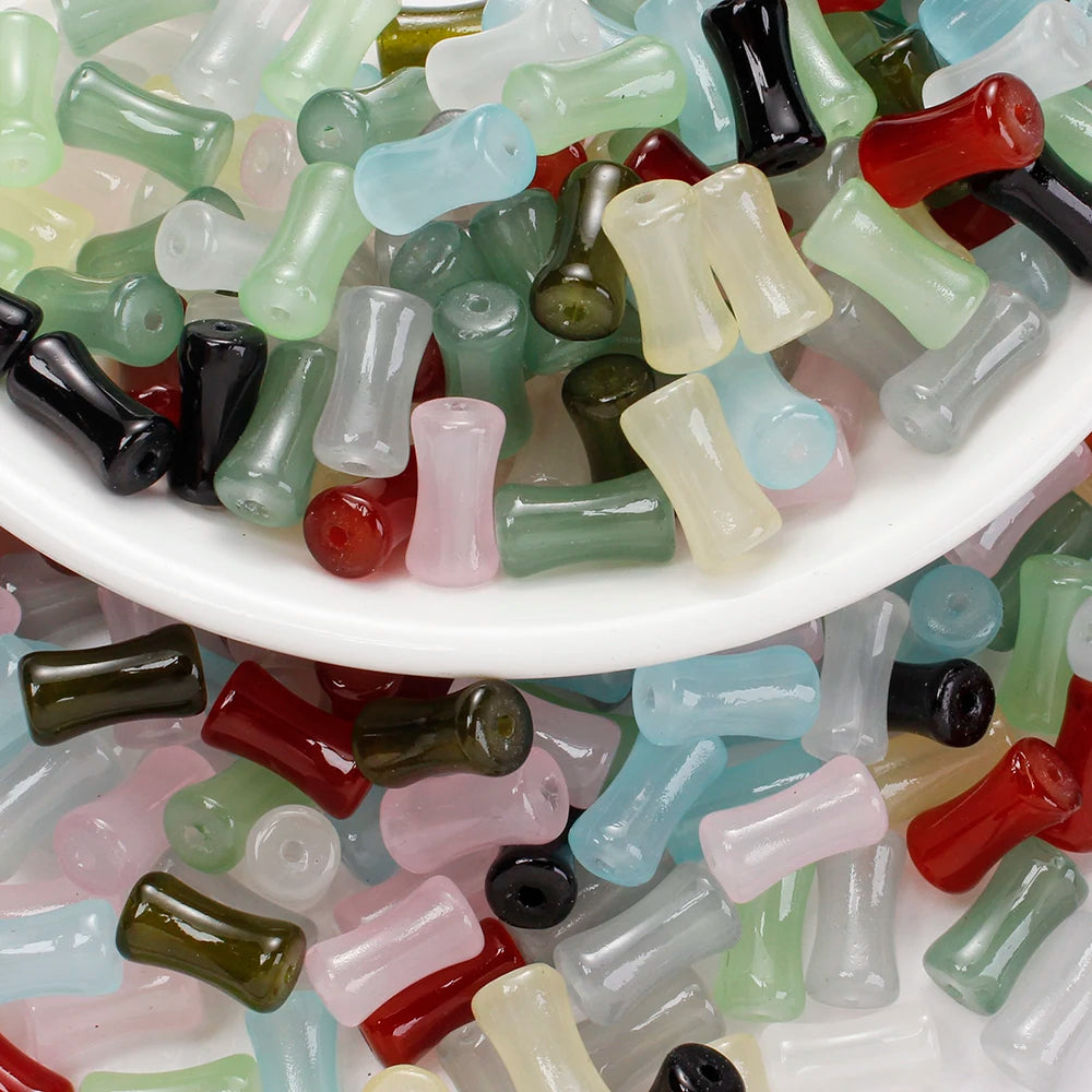 50pcs 12x6mm Mixed Color Glass Beads Columnar Tubular Loose Beads Bamboo-shaped Spacer Beads for DIY Jewelry Making Bracelets