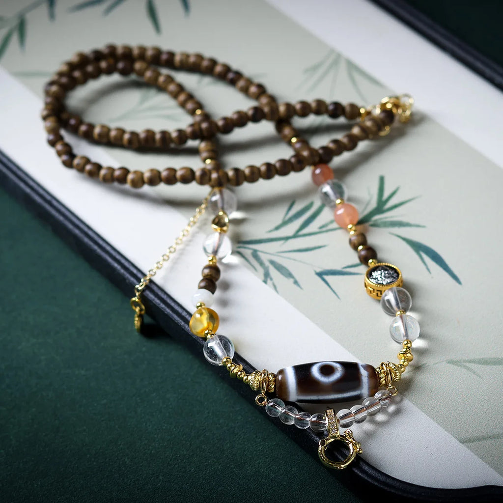 First Grade Butter Agarwood Pendant Rope with Natural White Crystal South Red Agate Dzi Bead Universal Hanging Cord Gifts