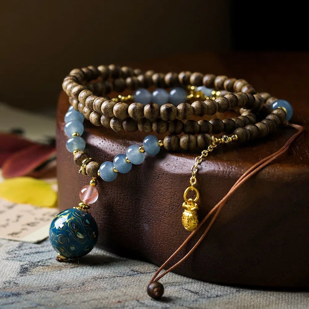 New Chinese Style First Grade Butter Agarwood Necklace with Lacquer Beads Sweater Chain Jewelry Gifts