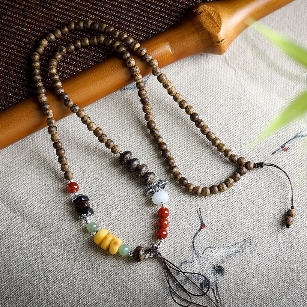 First Grade Butter Agarwood Pendant Rope with Natural White Crystal South Red Agate Dzi Bead Universal Hanging Cord Gifts