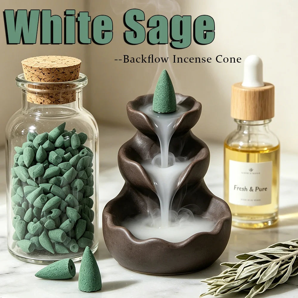White Sage Scented Backflow Incense Cones, Natural Aromatic Fragrance, White Sage Incense Powder, Soaked in Essential Oils, with a Rich, Long-Lasting Scent, Perfect for Yoga, Meditation, Reading, Hosting Guests, and as a Room Decoration Gift.
