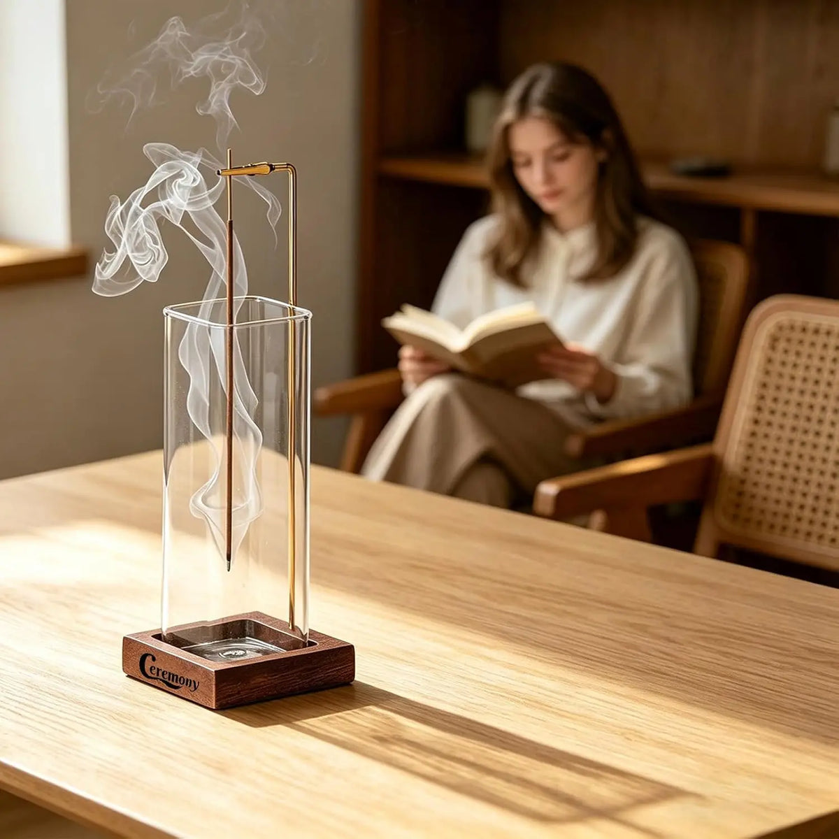 Wooden Ceremony Incense Holder with Glass Ash Catcher, 20 Incense Sticks & Ash Brush