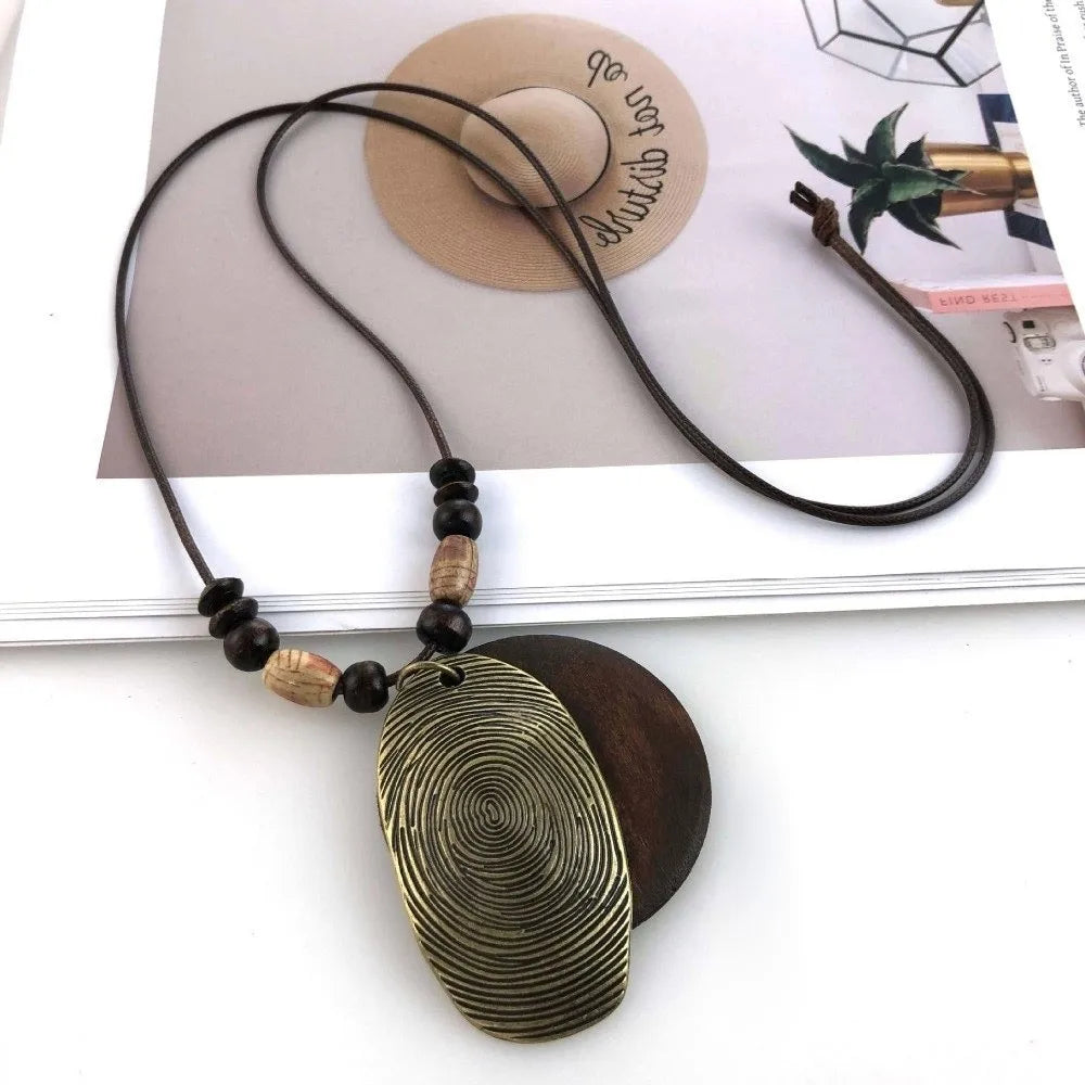Vintage Boho Sweater Chain Hollow Leaves Leather Chain Wooden Pendant Necklace Handmade Long Clothing Pendant Gifts