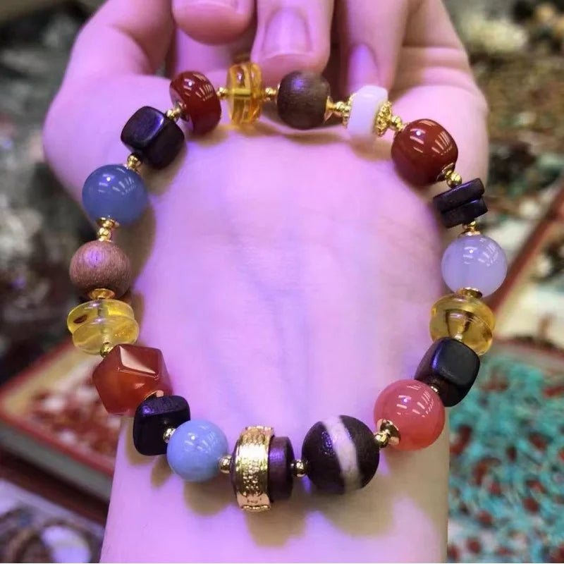 New Chinese-style amber multi-bead bracelet with barrel beads, agarwood, and southern red agate in traditional Chinese style
