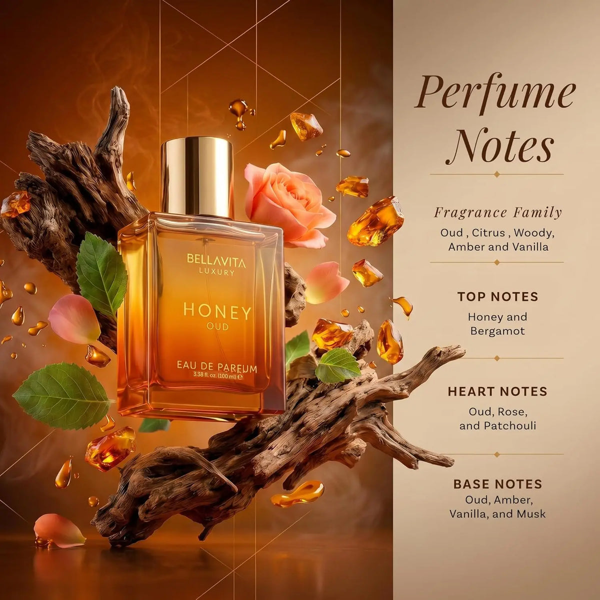 Bella Vita Honey Oud Unisex Eau De Parfum 100ml 3.4oz Warm Sweet Honey Agarwood Oriental Woody Perfume Amber Square Bottle Long Lasting Fragrance Gift for Men Women