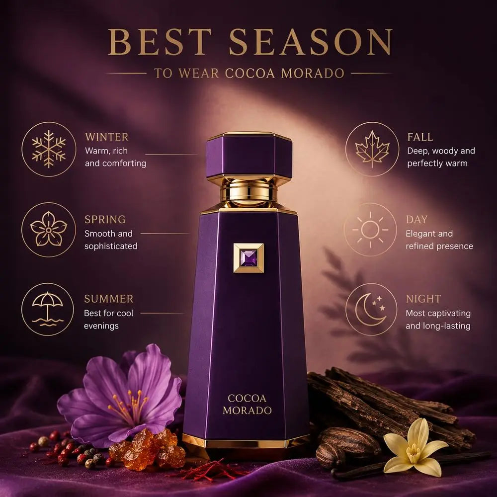 French Avenue Cocoa Morado Eau De Parfum 100ml 3.4oz Unisex Perfume Long Lasting Saffron Cinnamon Oud Cocoa Vanilla Leather Oriental Woody Gourmand Fragrance Luxury Purple Gold Gift Cologne For Men Women