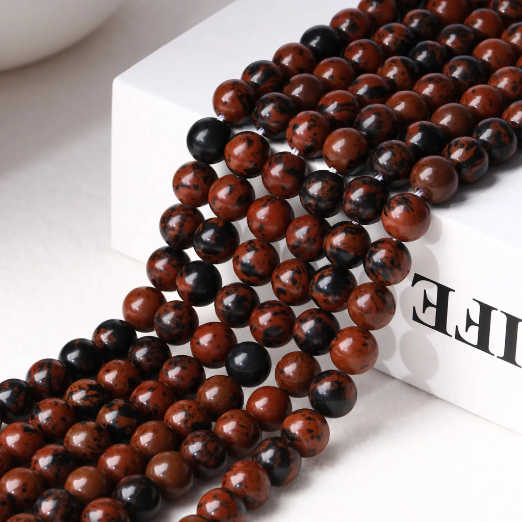 Natural Stone Mahogany Obsidian Beads Round Golden Swan Bead for Jewelry Making DIY Bracelet Necklace Accessories 4/6/8/10mm
