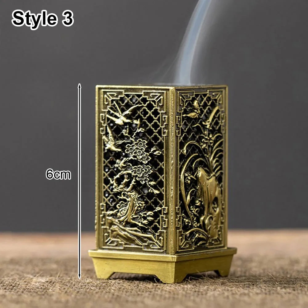 1Pcs Alloy Incense Stick Burner Sandalwood with Hollowed Out Pattern Lotus Incense Censer Square Vertical Retro Incense Box