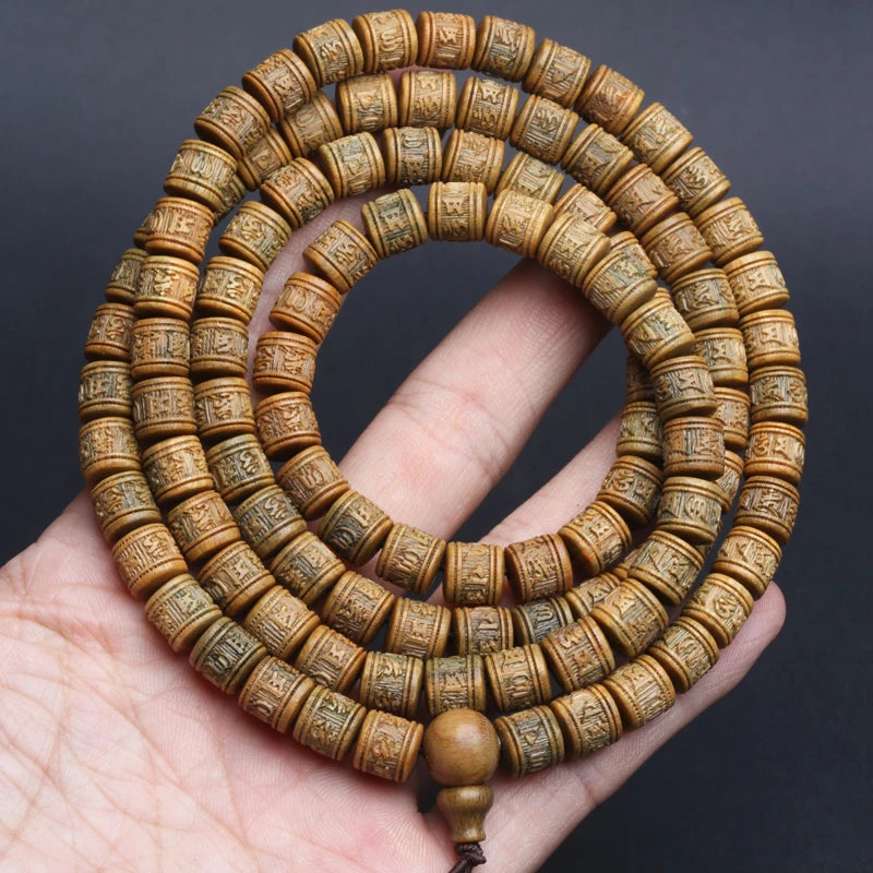 Sandalwood Tibetan Buddhist Prayer Wheel Type Bracelet 8mmx8mm Tibetan Six-Character Mantra Rosary Wooden Jewelry