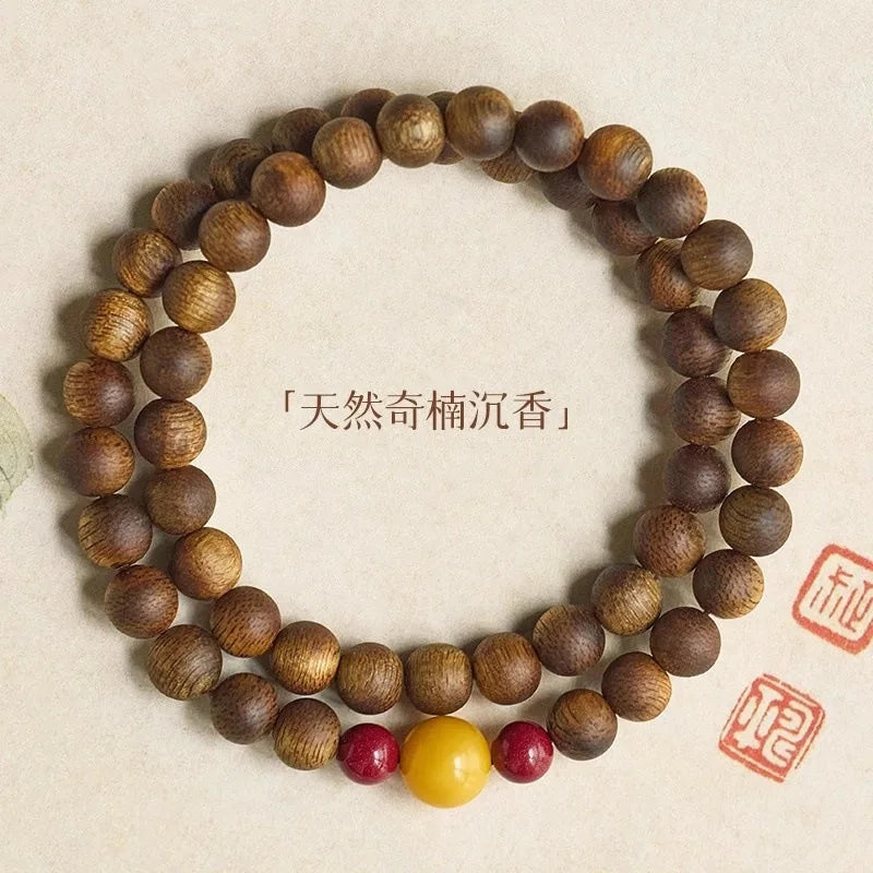 Authentic Yellow Chen Agarwood & Cinnabar Double-loop Bracelet, Chinese Zodiac Buddhist Beads Wristband, Unisex Gift