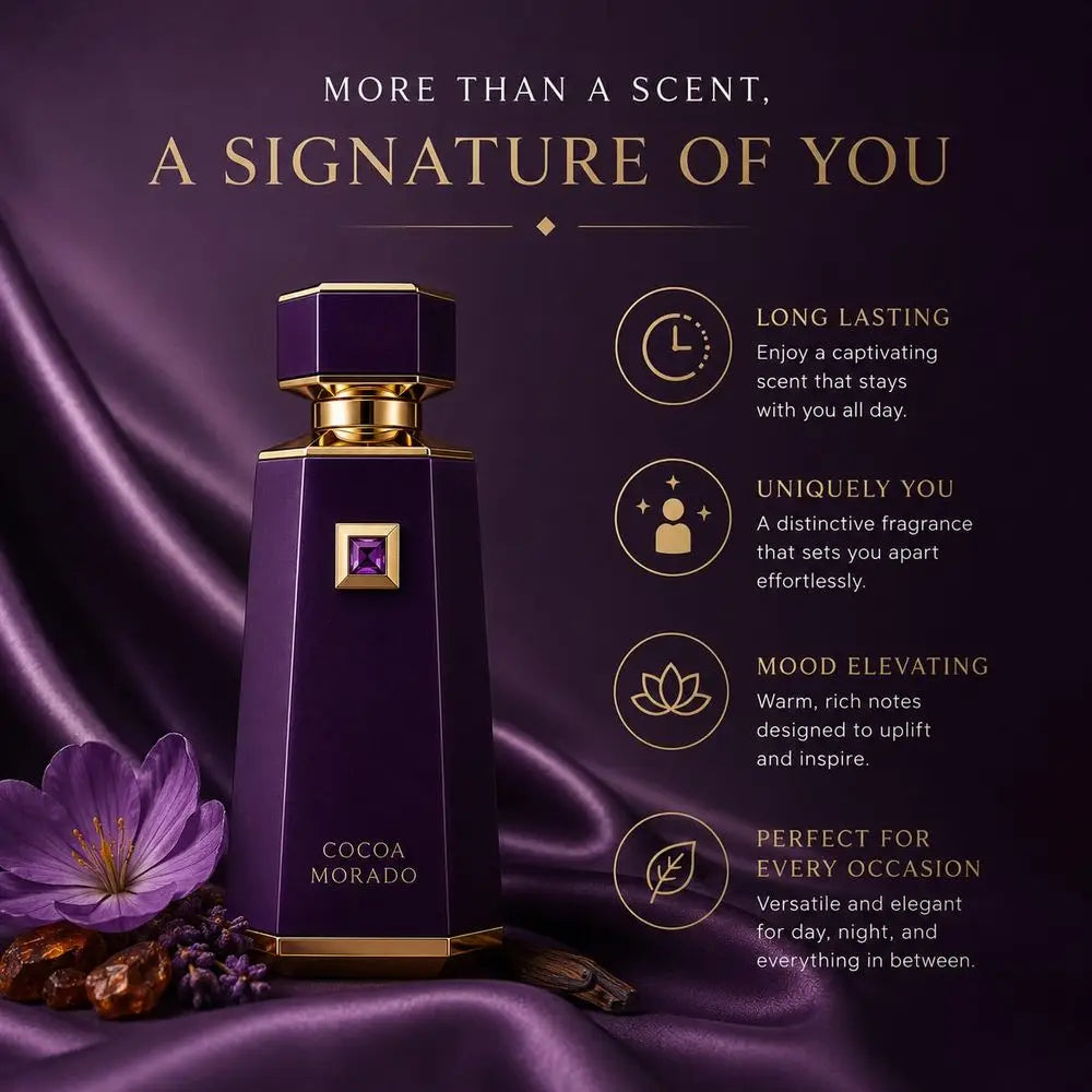 French Avenue Cocoa Morado Eau De Parfum 100ml 3.4oz Unisex Perfume Long Lasting Saffron Cinnamon Oud Cocoa Vanilla Leather Oriental Woody Gourmand Fragrance Luxury Purple Gold Gift Cologne For Men Women
