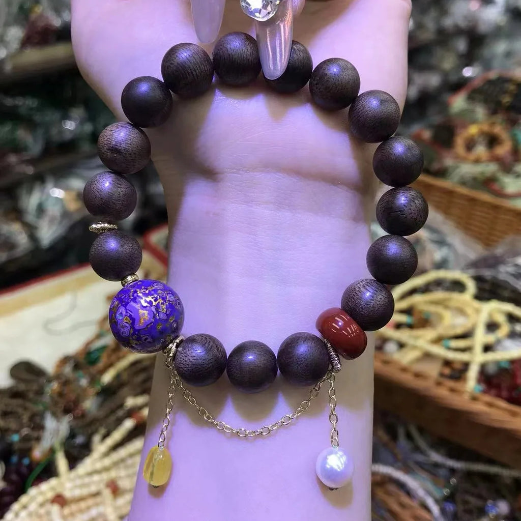 White Kyara Agarwood Mala Bracelet Lacquer Craft Nanhong Agate Amber Pearl New Chinese Style Wenwan Prayer Beads For Women