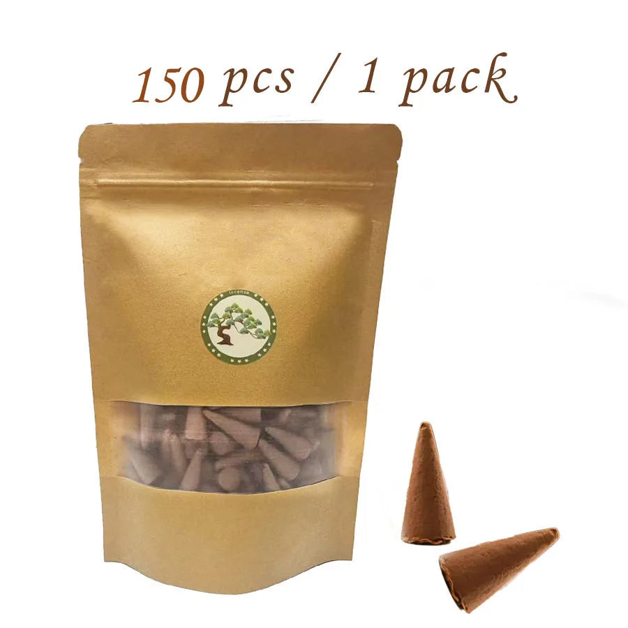1 pack of 100/150 pcs high-quality coffee-scented incense cones, rich aroma, 20-minute burning time, long-lasting fragrance, suitable for home kitchens, living rooms, bedrooms, outdoor camping, gardens, and parties, sealed in a kraft paper bag