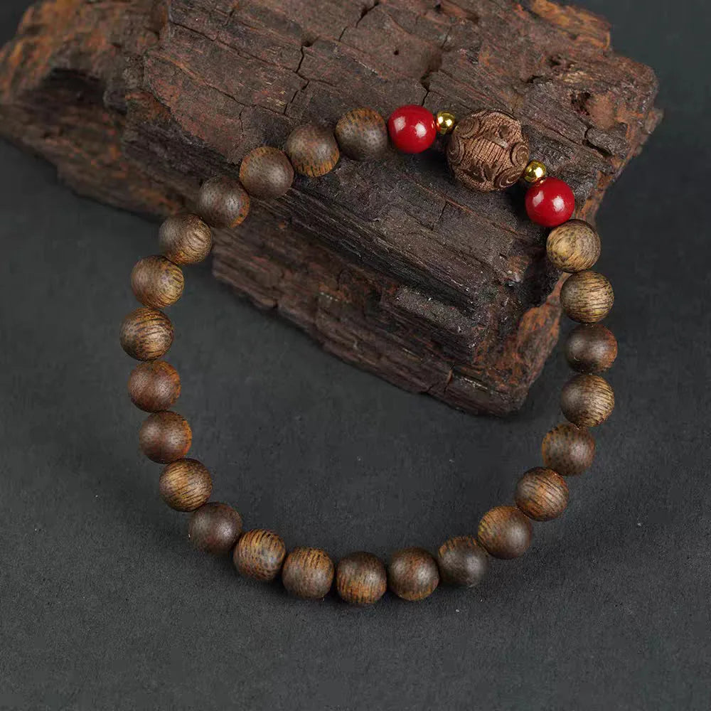 Authentic Agarwood Bracelet with Natural Texture Six Syllable Mantra and 2 High Quality Cinnabar Beads Gifts