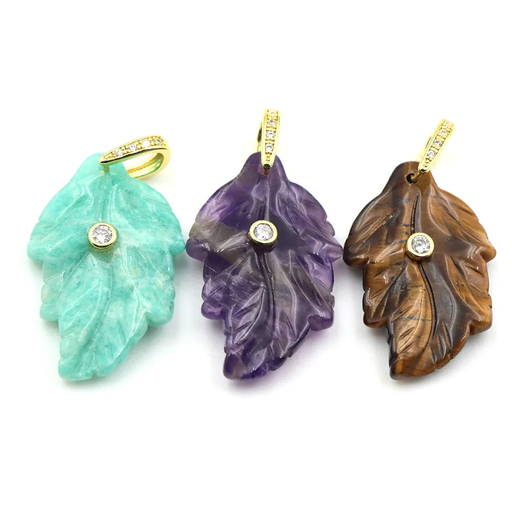 Natural Stone Leaf Pendant White Zircon Gold Plated Bail Healing Crystal Charm DIY Necklace Bohemian Nature Jewelry Making Gifts