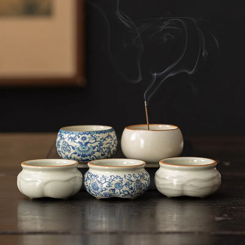 Chinese Style Ru Ware Lotus Incense Holder Desktop Sandalwood Censer Home Indoor Aromatherapy Ornament for Meditation