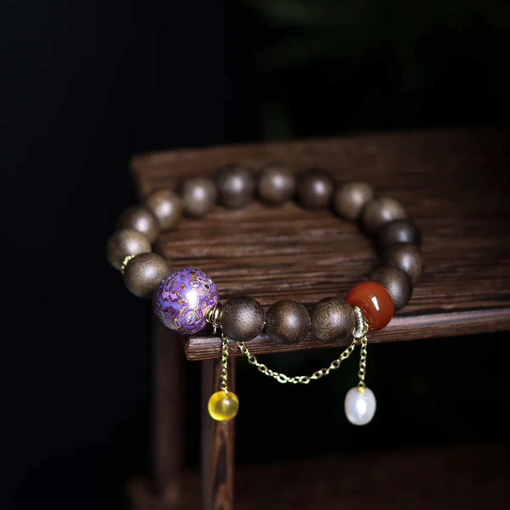 White Kyara Agarwood Mala Bracelet Lacquer Craft Nanhong Agate Amber Pearl New Chinese Style Wenwan Prayer Beads For Women