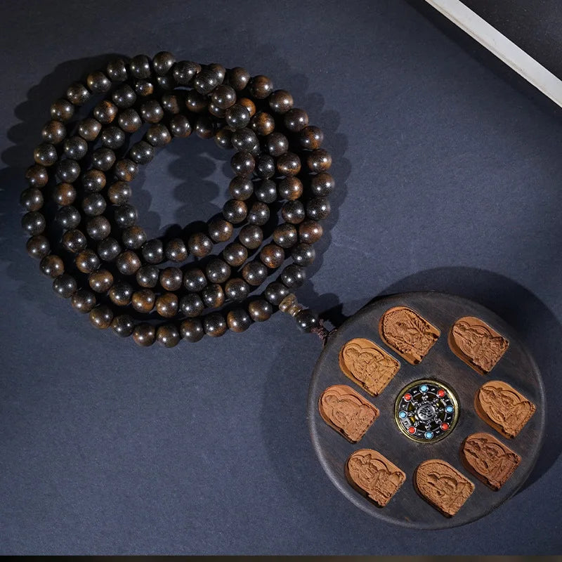 Agarwood Carved Inlaid Eight Patron Saints Pendant Mala Cultural Play Wooden Handheld Peace Tag Ornament