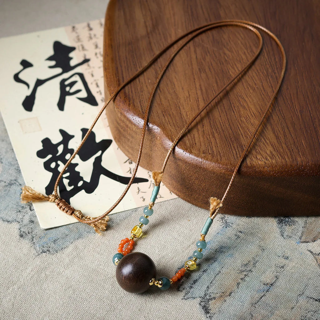 Handwoven White Agarwood Necklace Natural South Red Agate Jade Sweater Chain New Chinese Style Wishing Luck Gifts