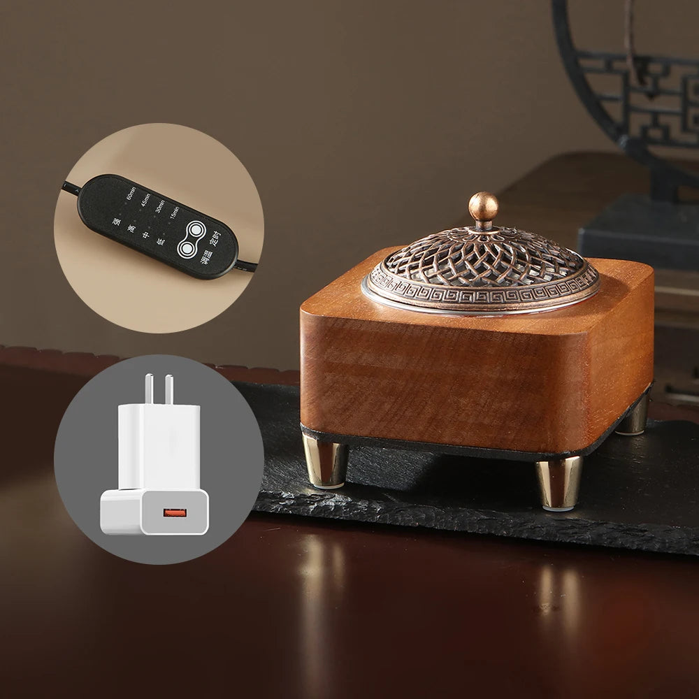Electronic Incense Burner Wooden Essential Oil Burner Timing Adjustable Temperature Wax Melts Warmer Agarwood Incense Burner