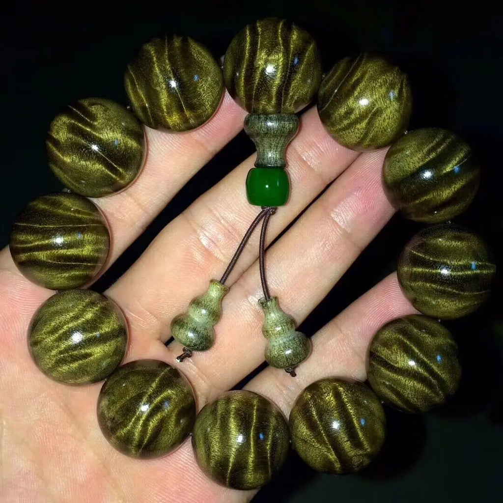 Gold-Rimmed Wooden Buddha Beads Bracelet 1.8mm