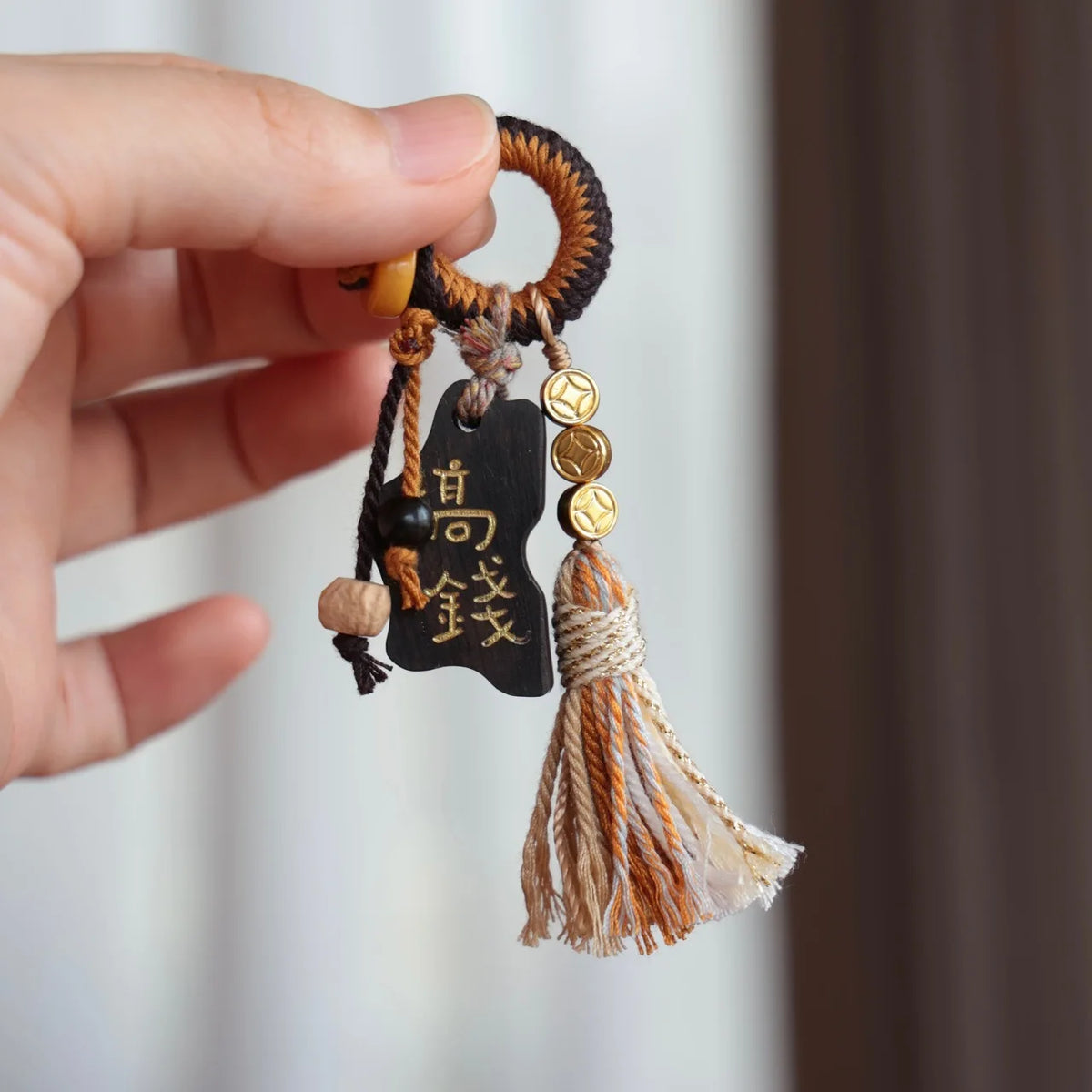 Chinese Style Lucky Wealth Blessing Handwoven Agarwood Pendant Tassel Bag Charm Phone Lanyard Keychain Feng Shui Good Fortune