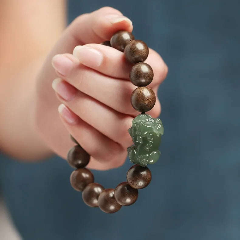 Authentic Brunei Agarwood Submerged Grade Men's Buddhist Bead Bracelet Hetian Jade Pixiu Sandalwood Prayer Gifts