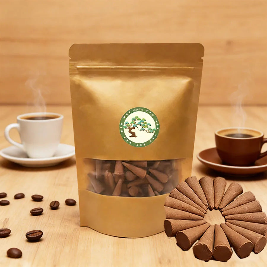 1 pack of 100/150 pcs high-quality coffee-scented incense cones, rich aroma, 20-minute burning time, long-lasting fragrance, suitable for home kitchens, living rooms, bedrooms, outdoor camping, gardens, and parties, sealed in a kraft paper bag