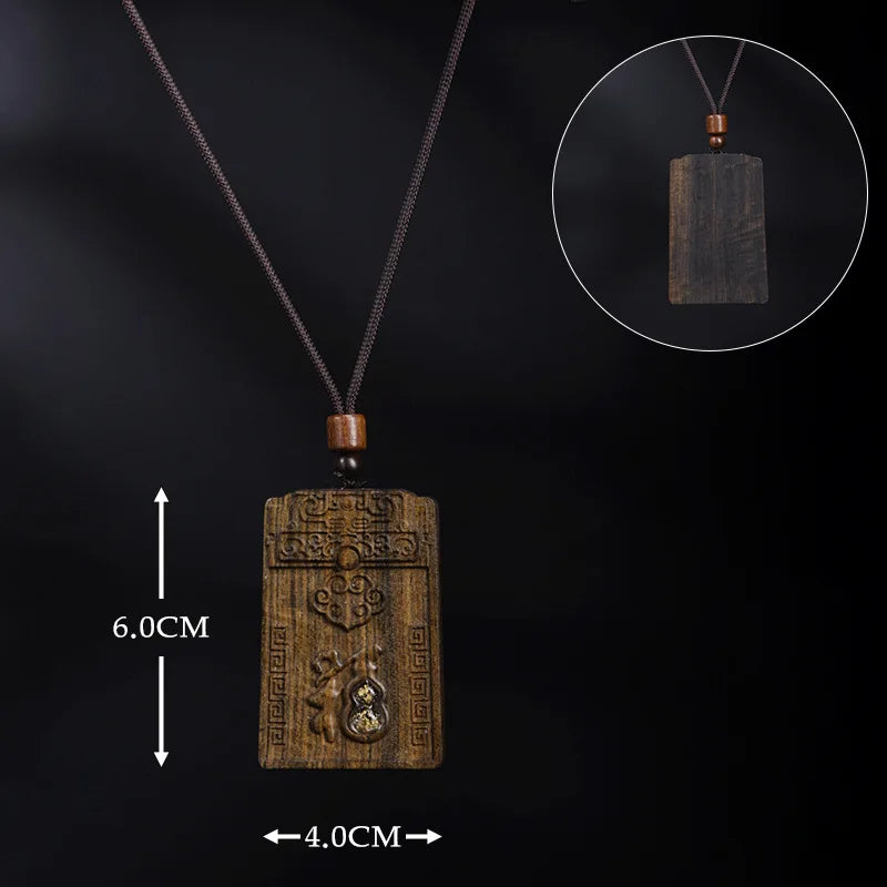 Agarwood Peace Tag Pendant Neckwear Fortune Carved Unisex Inlaid Craft Small Necklace Jewelry