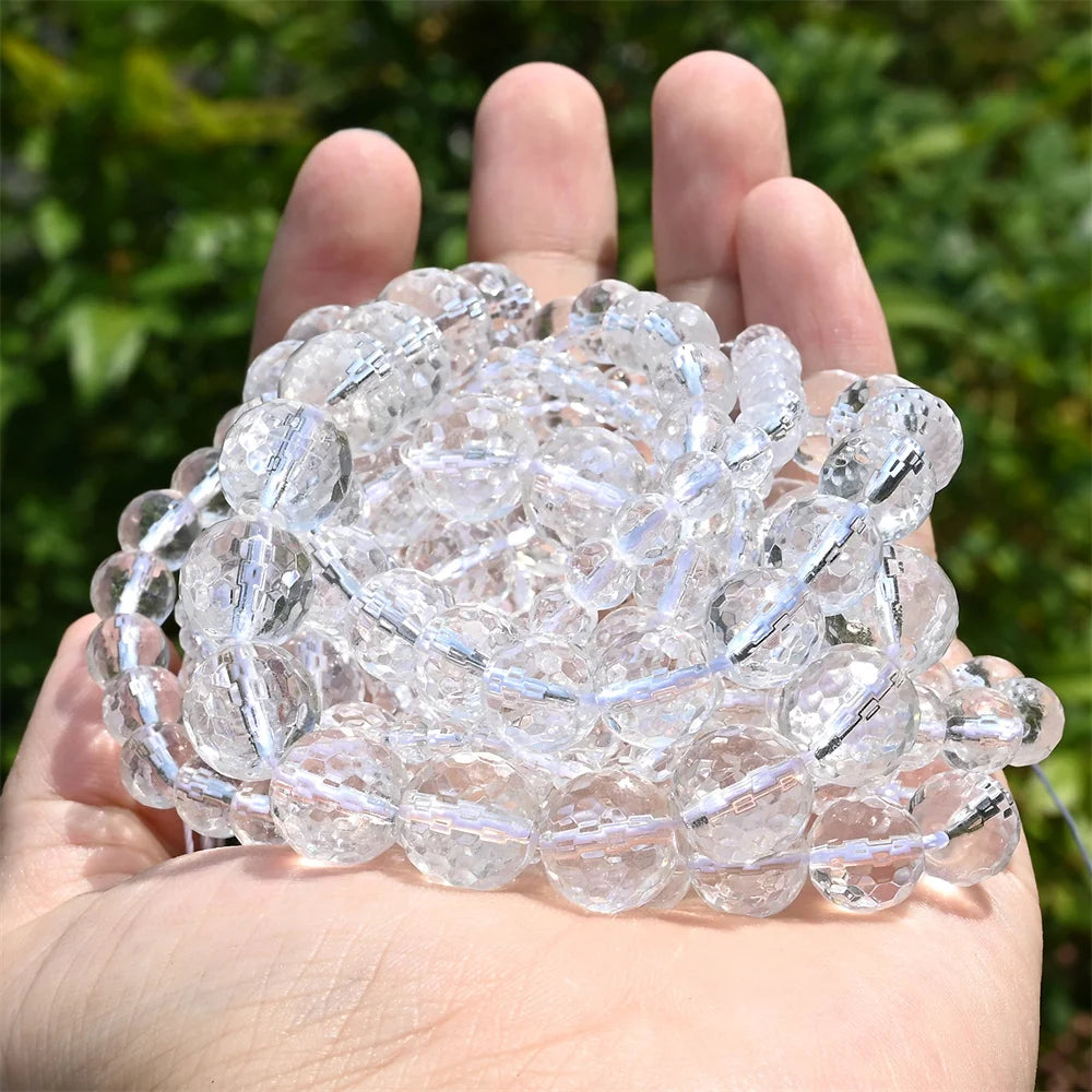 Natural Faceted Stone Beads White Clear Rock Crystals Quartz Glass Beads Round Loose Beads For Jewelry DIY Bracelets Accessorie