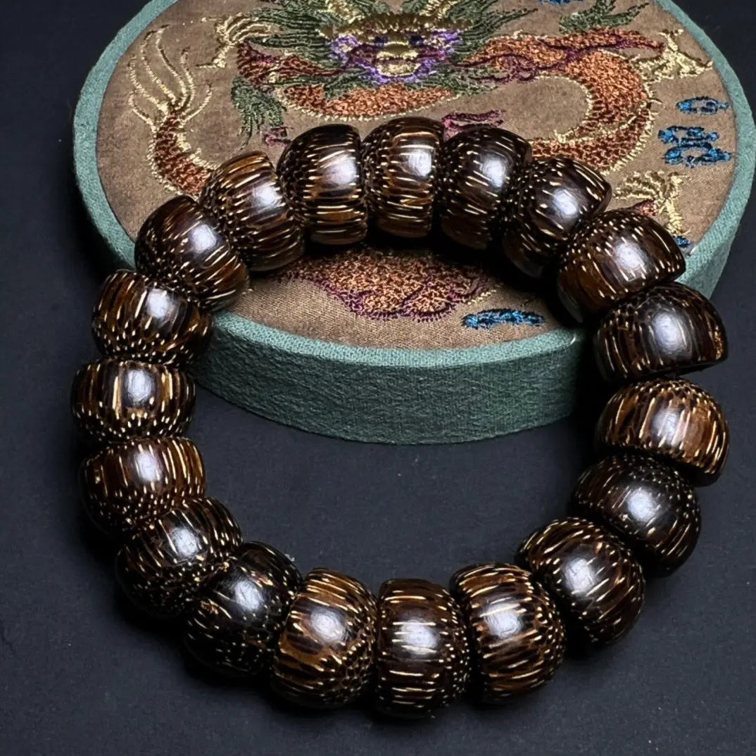 Natural Aged Agarwood Bracelet from Khanh Hoa, Unisex Buddhist Prayer Beads with Dragon Pattern in Gift Box Set