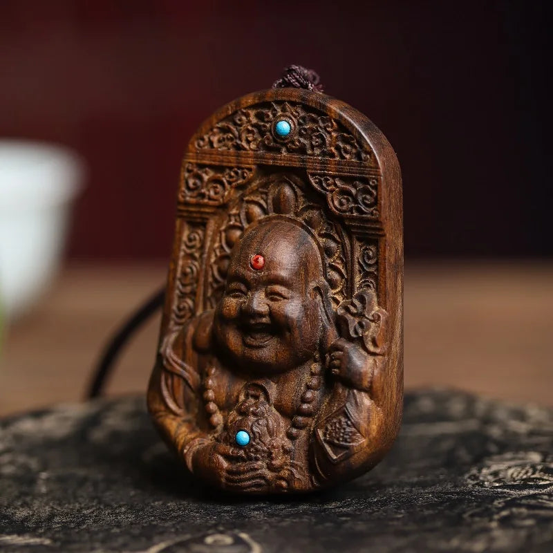 Natural Agarwood Maitreya Buddha Pendant Necklace