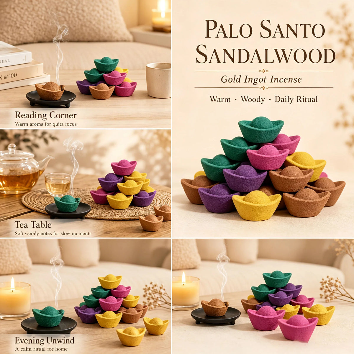 (10 Pieces/20 Pieces Available in Two Different Sizes) Golden Ingot-Shaped Sacred Wood Incense Sticks with Sandalwood, Lemongrass, Rose, and Lavender Scents, Handmade, Long-Lasting Fragrance, Golden Ingot Style, Symbol