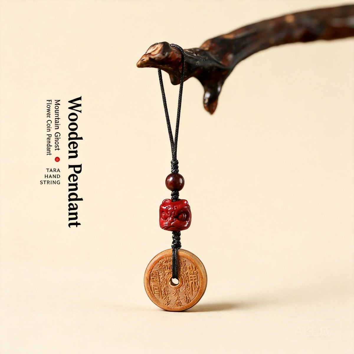 Chinese Traditional Lucky Carved Black Persimmon Wood Agarwood Mountain Ghost Coin Pendant Phone Chain Amulet Blessing Fortune