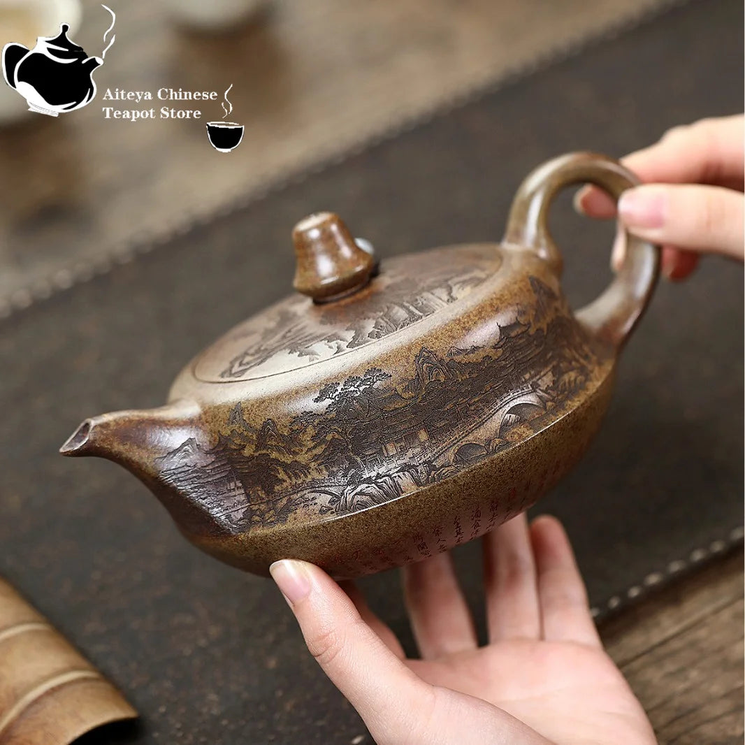 Yixing Yixing purple clay teapot, high-temperature wood fired agarwood mud landscape music teapot Chinese teapot Kung Fu tea set