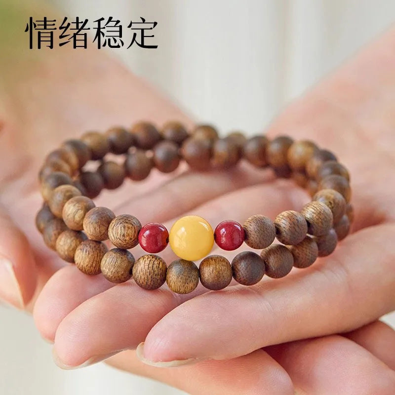 Authentic Yellow Chen Agarwood & Cinnabar Double-loop Bracelet, Chinese Zodiac Buddhist Beads Wristband, Unisex Gift