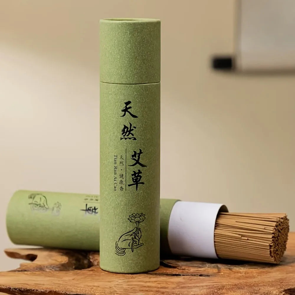 A Box of 500 Incense Sticks, 21cm Long, with the Scent of Sandalwood and Medicinal Mugwort, Suitable for Aromatherapy. They Are Placed on a Wooden Board, and the Board Is Placed on a Support Beam. Home Decor Products for Kitchens, Bedrooms, Offices, Yoga,