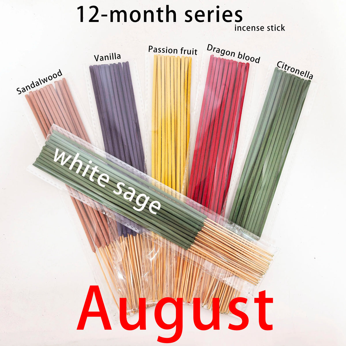 126 Pieces/6 Sets, 12-Month Seasonal Series Combination Set of 22cm Incense Sticks, Including Sandalwood, Agarwood, Dragon's Blood, Cherry, Rose, Jasmine, Watermelon, Strawberry, Cherry, Passion Fruit, Iris, Lavender,