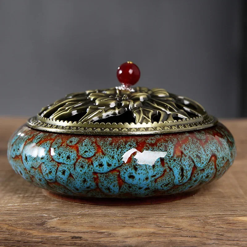 12 hours large Mosquito Coil incense burner ceramics cone holder with metal lid household with fireproof cotton censer