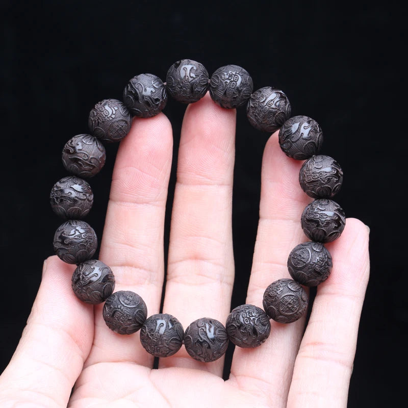 Natural Multicolor Wooden Bracelet Men's 20mm Elastic Bracelet Wooden Bead Lucky Sculpture Mythical Animal