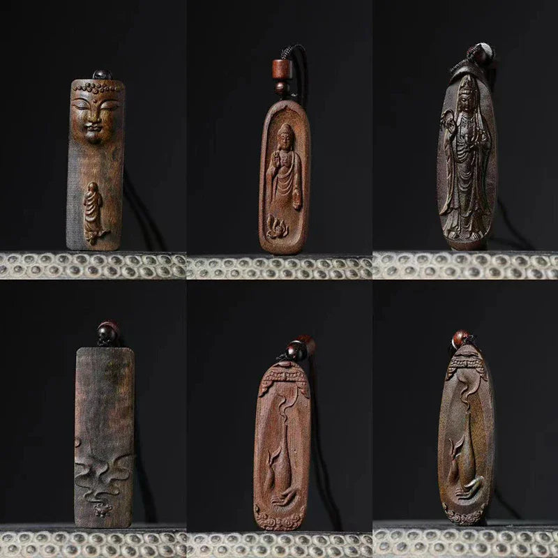 1PCS Agarwood Carved Flower Buddha Statues Pendant Handle Piece Double-sided Carved Lucky Nafu Ping An Brand Wen Play Wood
