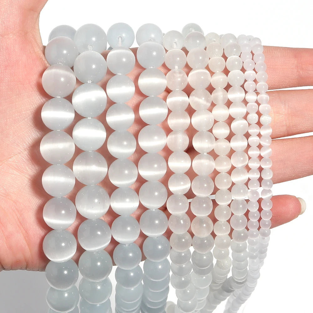 Natural Moon Stone Beads White Cat Eye Round Loose Beads 4/6/8/10/12mm Jewelry Making DIY Bracelet 15" Strand