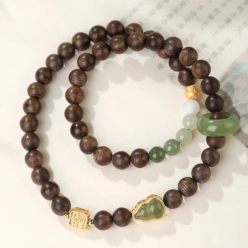 Double Loop Agarwood Bracelets with Natural Hetian Jade Gourd Ring Couple Style 2026 Gifts