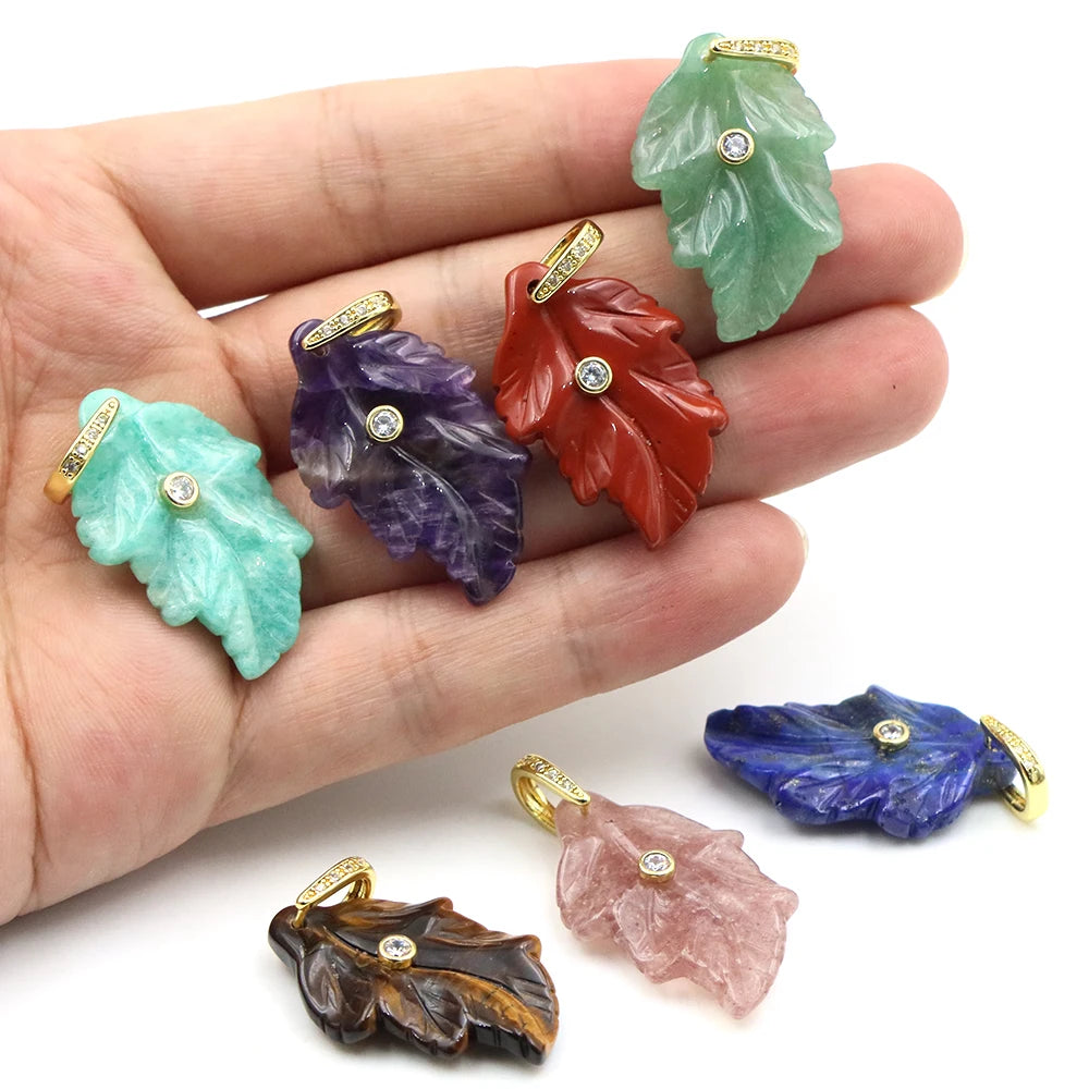 Natural Stone Leaf Pendant White Zircon Gold Plated Bail Healing Crystal Charm DIY Necklace Bohemian Nature Jewelry Making Gifts